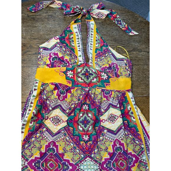 Angie Halter Maxi Dress Boho Gold & Magenta Geometric Boarder Print Smocked Sz L - Picture 1 of 13